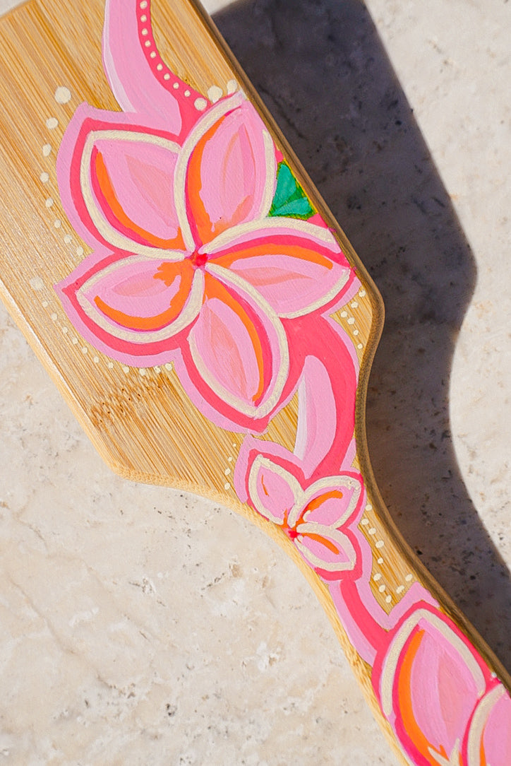 Pink Lei Plumeria Bamboo Hairbrush
