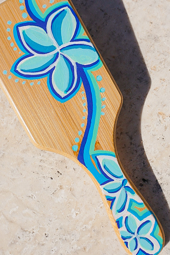 Blue Lei Plumeria Bamboo Hairbrush