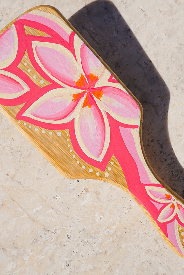 Pink Plumeria Bamboo Hairbrush