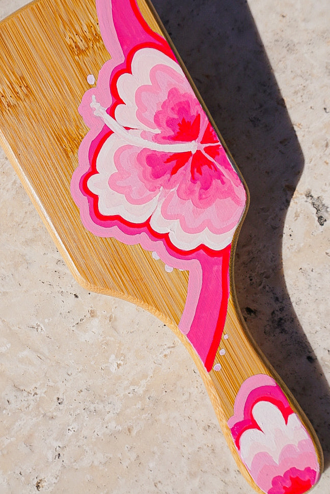 Pink Summer Hibiscus Bamboo Hairbrush