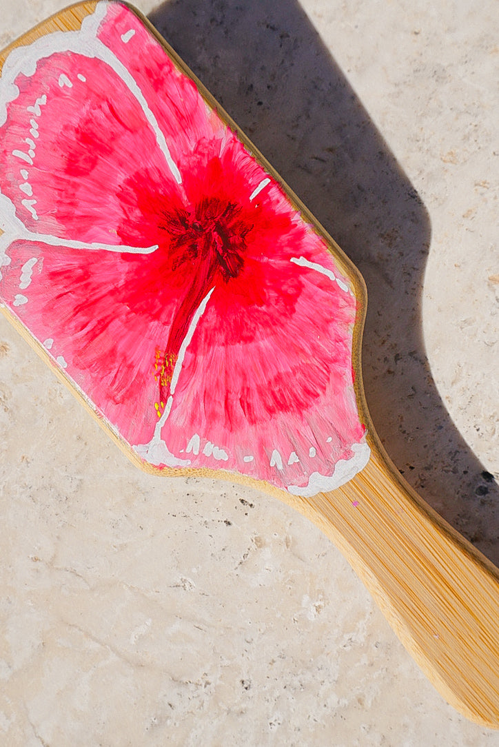 Big Pink Hibiscus Bamboo Hairbrush