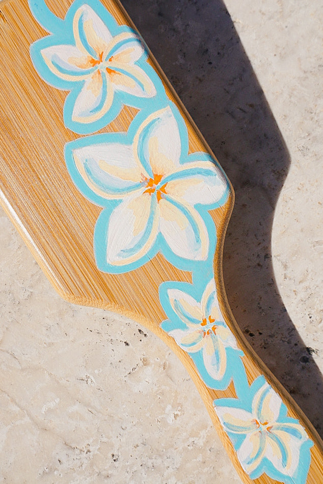 White Lei Plumeria Bamboo Hairbrush