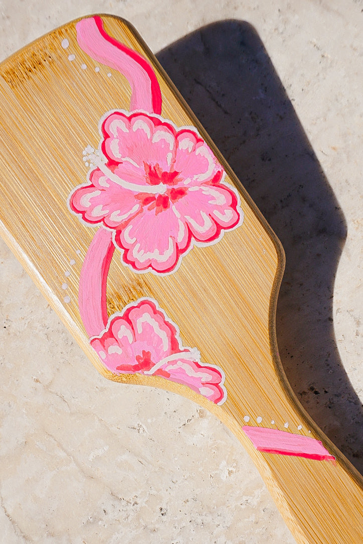 Pink Hibiscus Bamboo Hairbrush